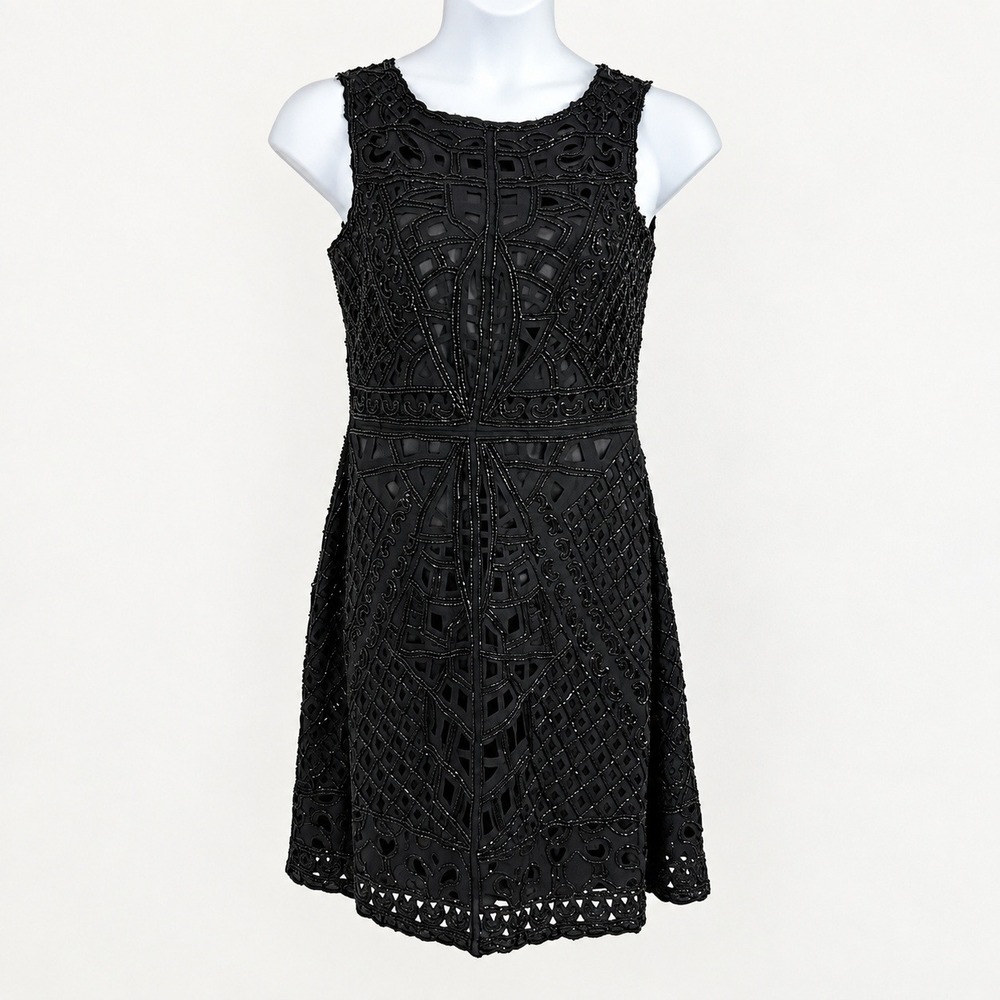 Soft Surroundings Women Black Beaded Cutout Sleeveless Lined Dress LBD 8